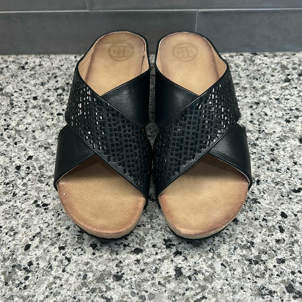 Black Leather Wedge Sequin Sandals